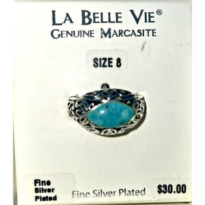 La Belle Vie Size 8 Silver Plated Ring Marcasite Turquoise Stone Fashion Jewlery